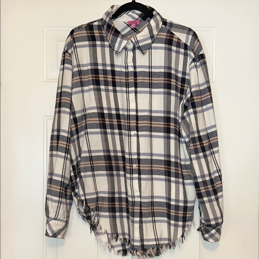 Francesca’s Miami Plaid Button-Up Shirt L Frayed Hem Lightweight Cabincore